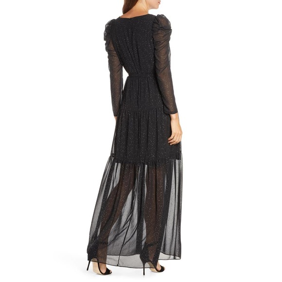 Eliza J Maxi Dress 6 Black Long Puff Sleeve Faux Wrap Studded Chiffon V-Neck - Picture 4 of 14